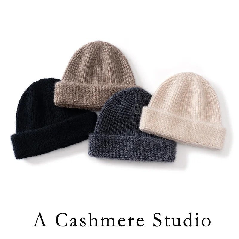 

Unisex rolled brim hat 100% Cashmere Hat Keep Warm Autumn Winter Women and Men Soft Thick hats Cashmere Knitted Hat