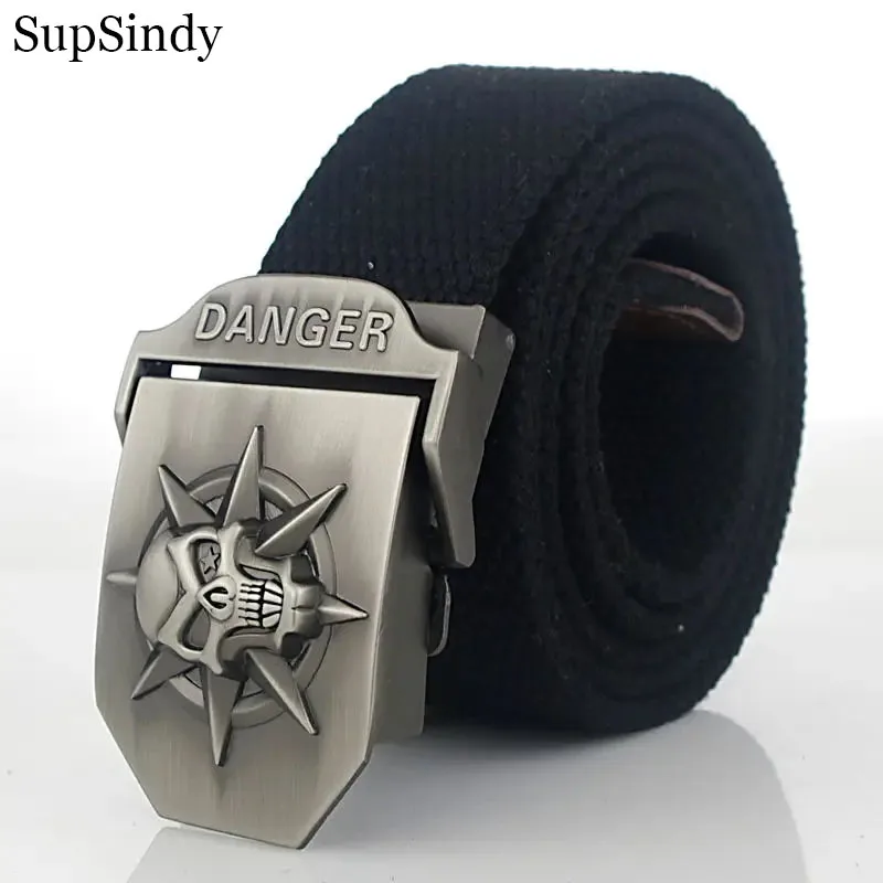 

SupSindy Мужской холщовый ремень Danger Skull, роскошные металлические пряжки, джинсы, пояс, армейские военные тактические ремни для мужчин, мужской ремень