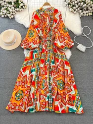 New Spring Autumn Retro Print Pleated Long Maxi Dress Femininity Small Stand-up Collar Puff Sleeve Slim Holiday Dress A116