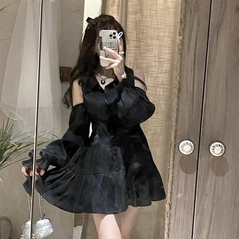 

Japan New Autumn Style Halter Neck POLO Shirt Collar Dress Plus Size Long Sleeve Off-Shoulder Straps Waist Slimming