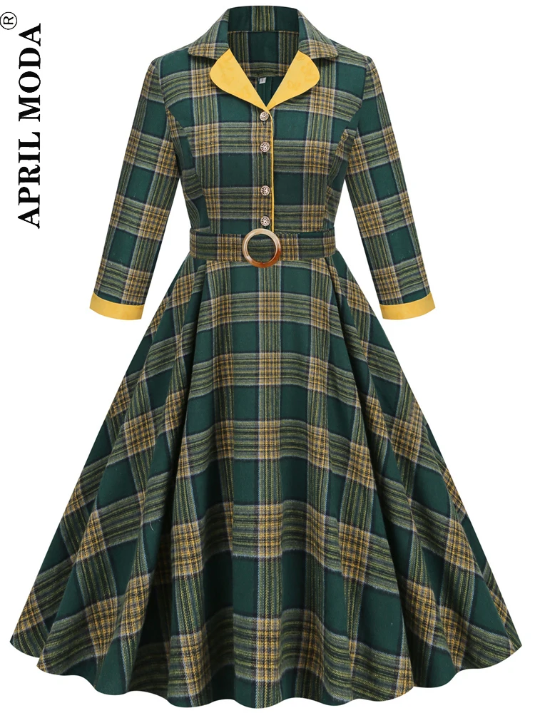 

England Style Green Plaid Swing Runway Hepburn Dress Autumn Turn Down Collar 3/4 Sleeve Retro Vintage Rockabilly 60s 50s Dresses