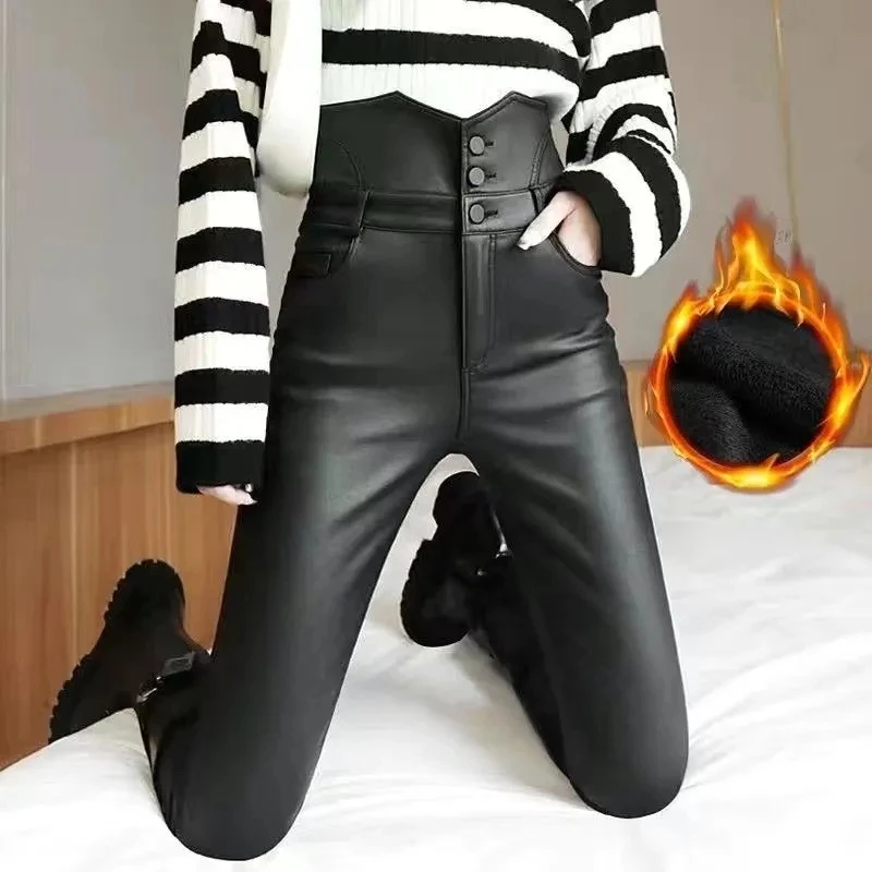 

Fleece-Lined Leather Pants High-Quality PU Leggings Fall/Winter Black Elastic Matte Slim Wearing Small Feet Tight Trousers Women