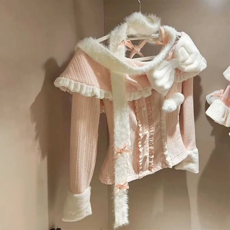 Sweet Girl with Girl with Pink Soft Girl Style One-shoulder Splicing Top Cake Skirt Two-piece Set