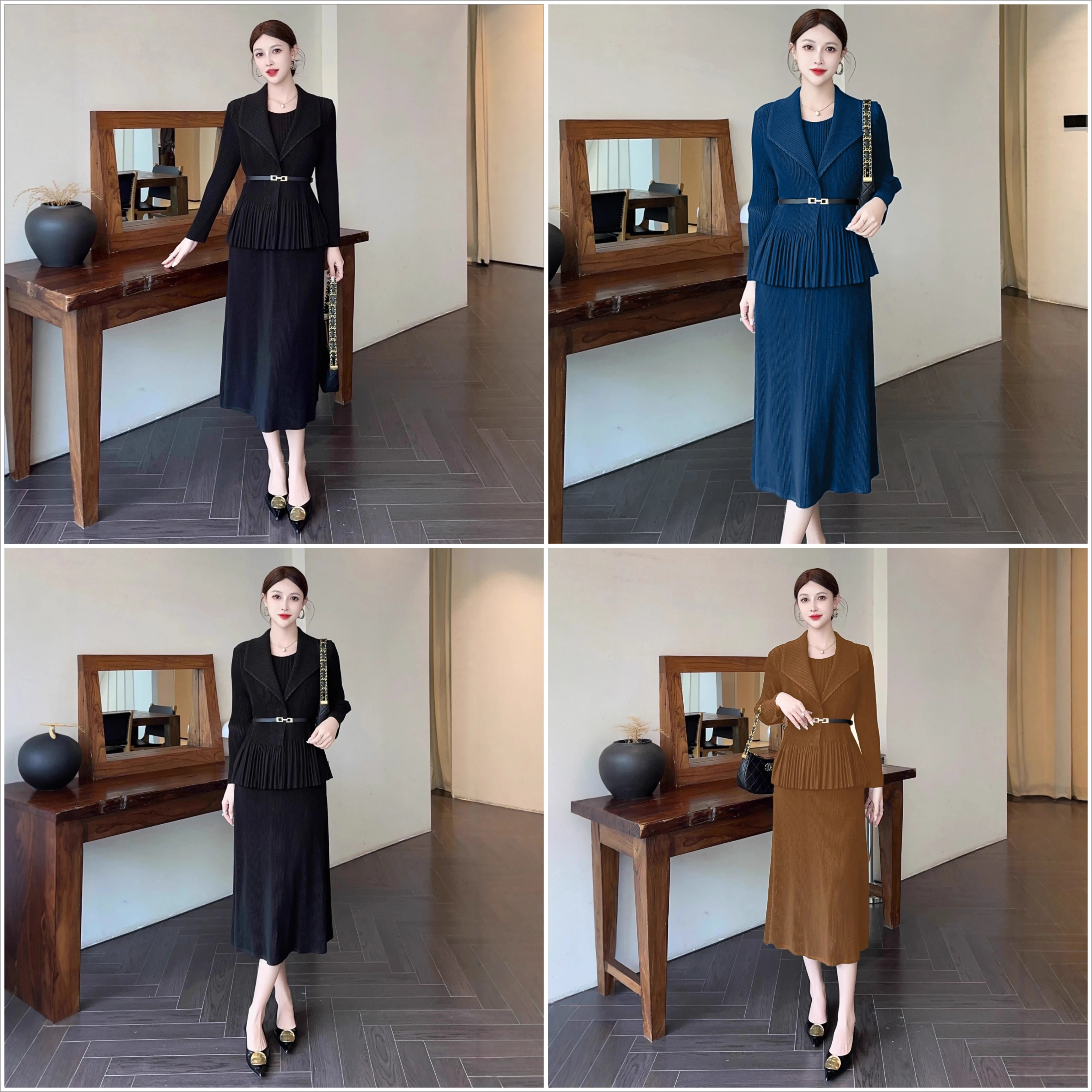 

Miyake Pleated 2025 Dress, Women's Autumn and Winter Suit Collar, Waist Cinching Temperament, Fake Two Large Pleated Dresses