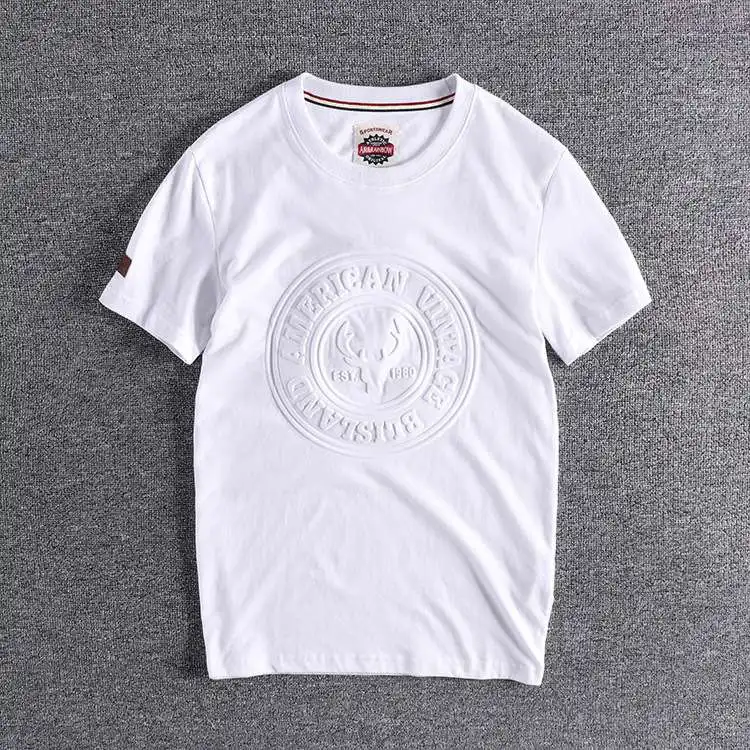 2025 Summer New American Retro Short Sleeve 3D Letter Embossed T-shirt Men's Fashion 100% Cotton Washed Youth Casual Sport Tops