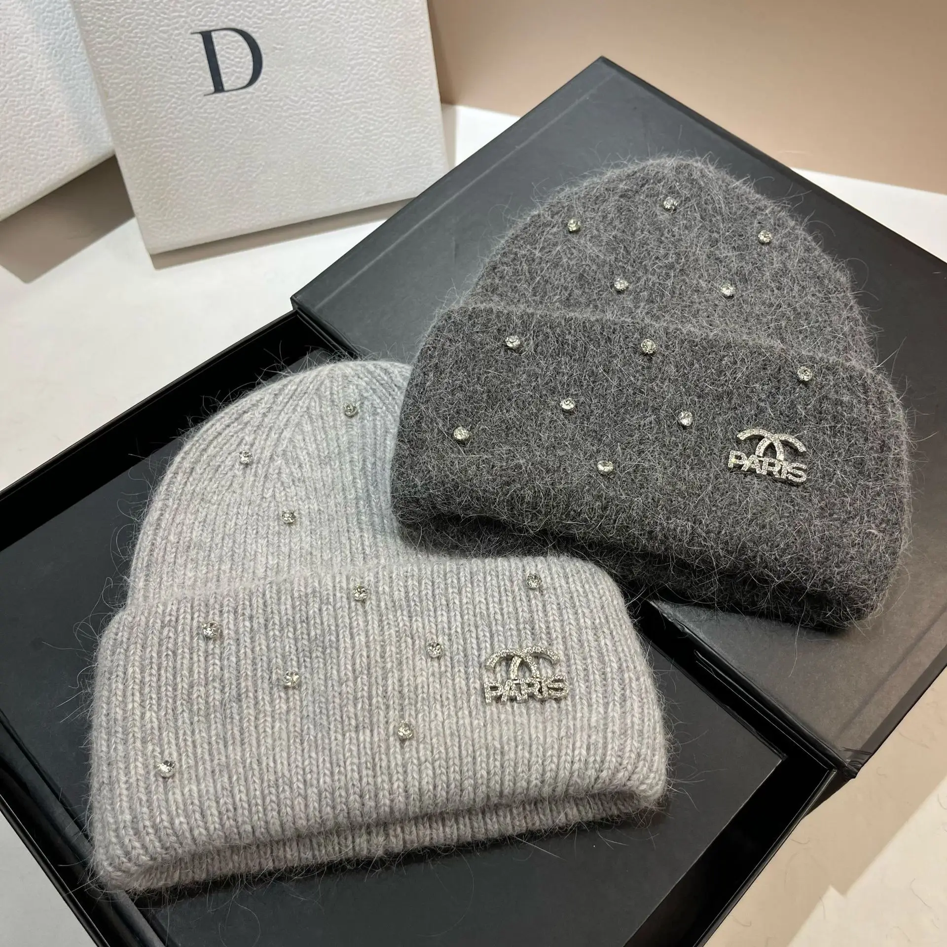 Rabbit Hair Full Diamond Knitted Hat Winter New Item Light Luxury Niche Warm Versatile Ear Protection Hat For Women