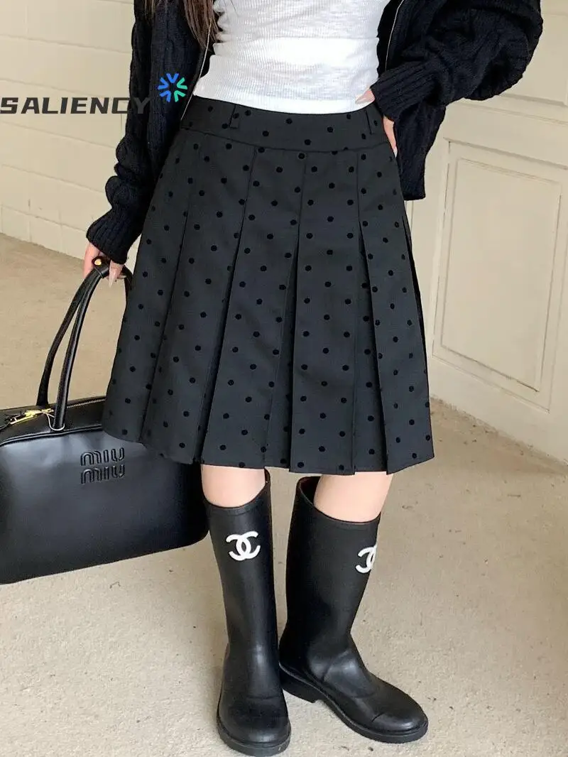 SALIENCY 2026 Korean Thiened High Waist A-Line Skirt Women's Autumn Winter Plus Size Polka Dot Pleated Mid-Length Skirts
