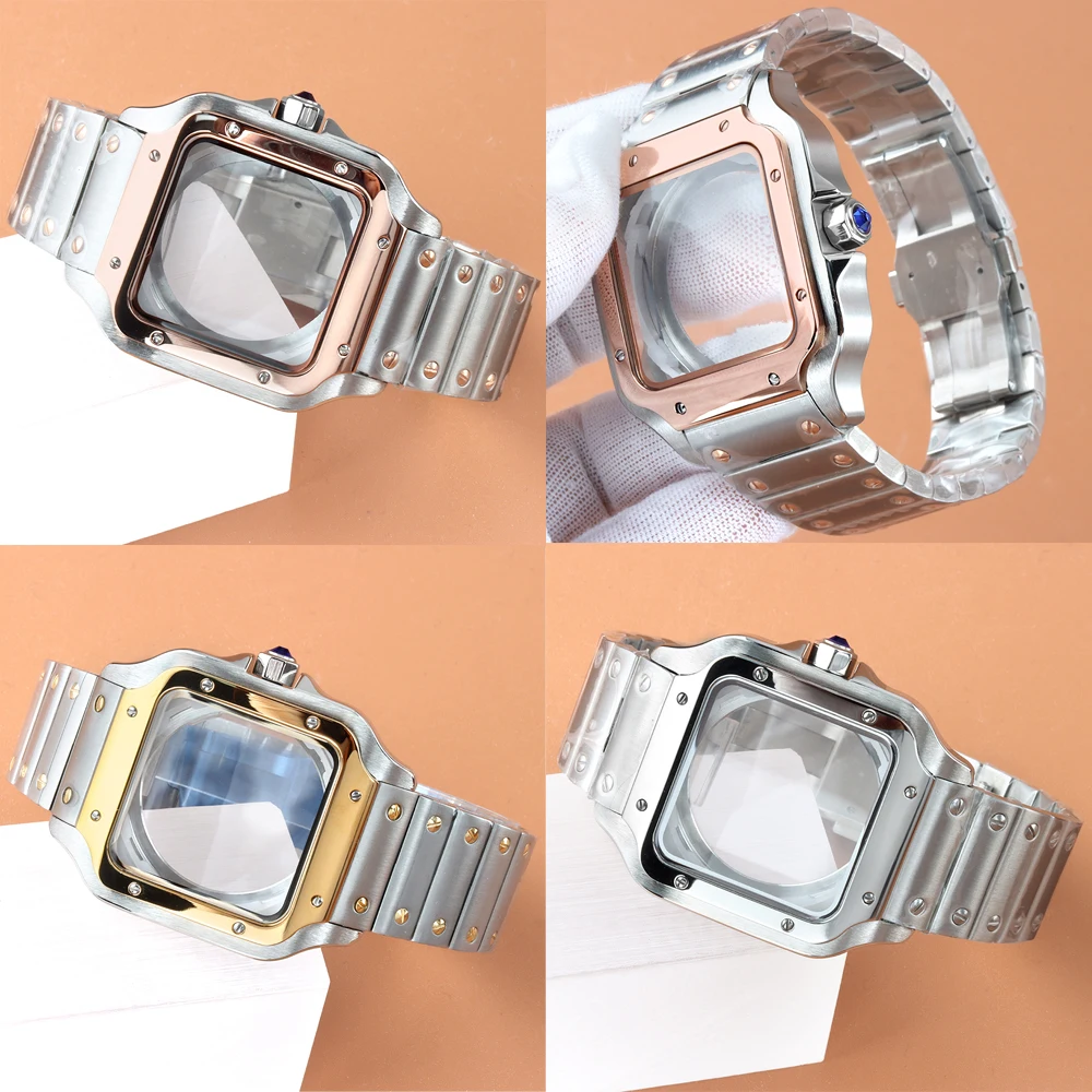 

38mm NH35 Square Case Bracelet Silver Gold Stainless Steel Modification Parts Fit Santo Case NH35 NH36 Movement 27mm Dial