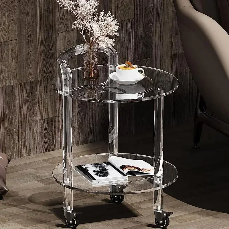 Acrylic Side Table with Wheels - Small Round Bar Cart & Serving Cart, Home Decor End Table for Living Room