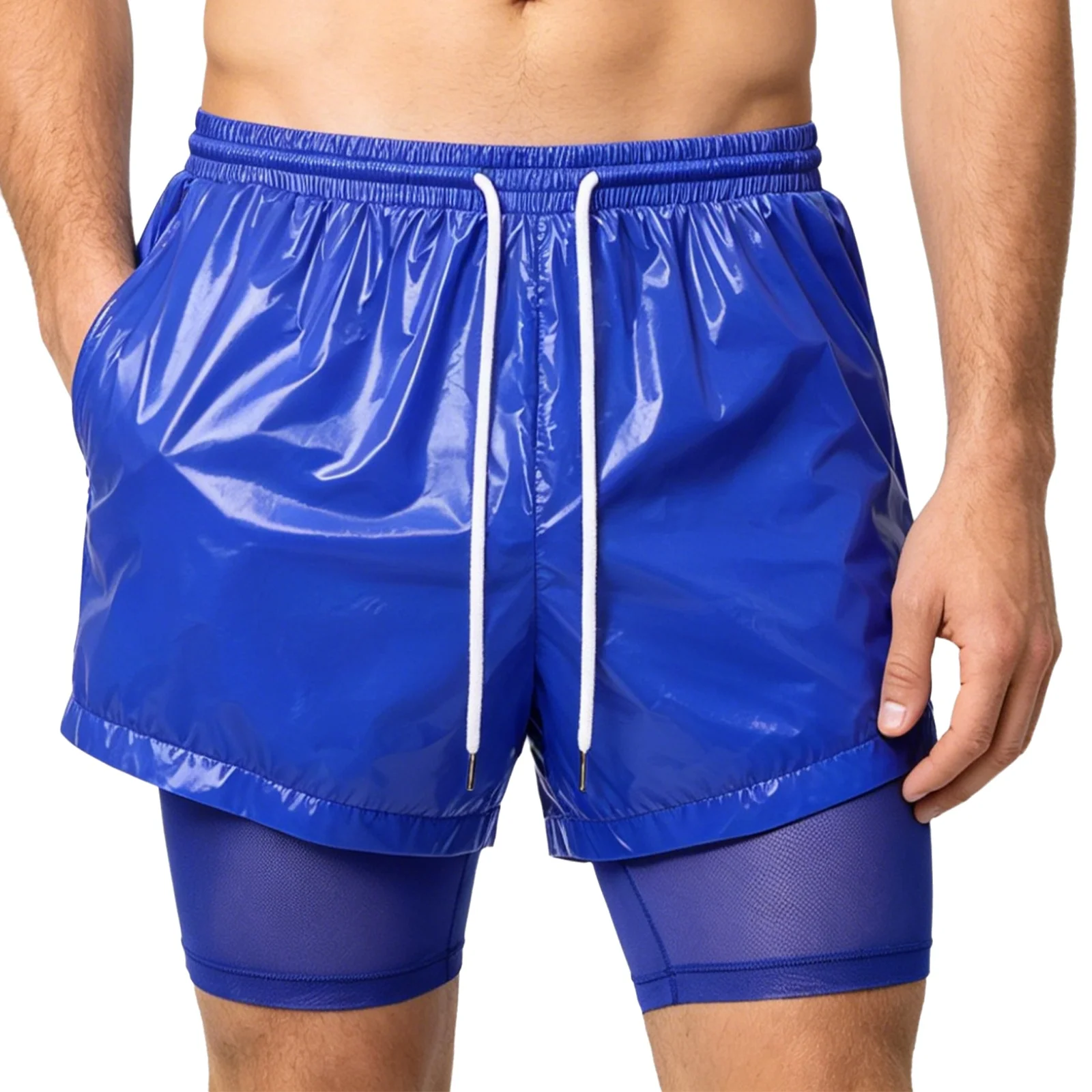 Men 2-in-1 Sport Shorts Swim Trunks Avoid Embarrassme Mesh Liner Waterproof Double Layer Shorts for Fitness Swimming Beach Suit