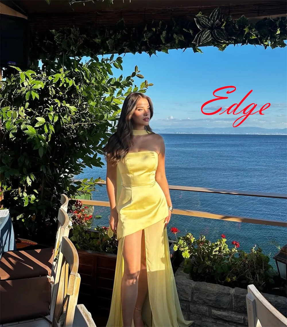 Customized Elegant Yellow Satin Evening Dress High Quality Strapless Ribbon Prom Dress Zipper Back Bespoke Occasion Gowns