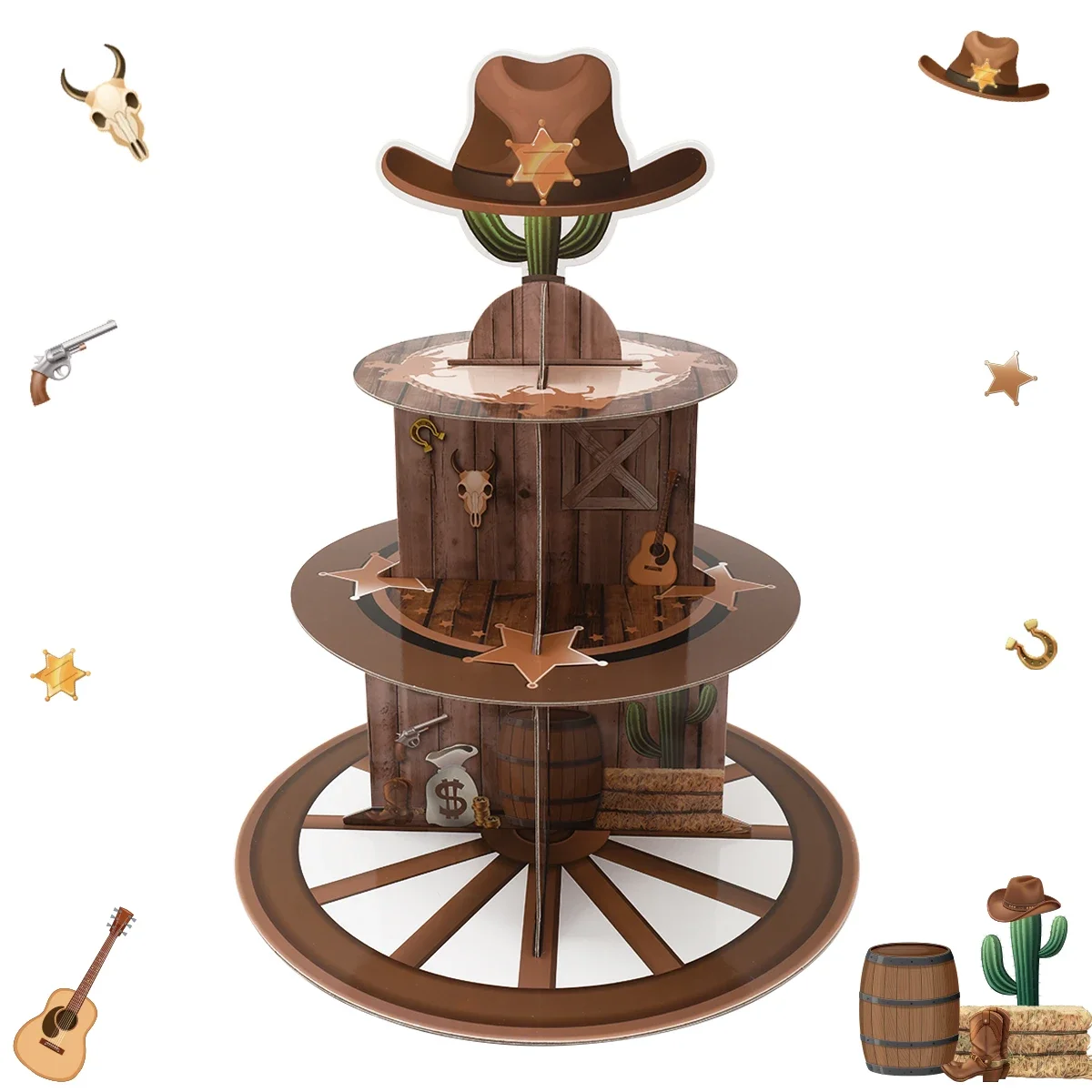 Western Cowboy 3-stöckiger Papier-Kuchenständer Western Cowboy Happy Birthday Party Deko Kuchen-Dekorationen Baby-Shower-Zubehör