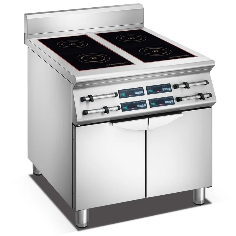 Equipo de cocina comercial, cocina de inducción de 4 quemadores, equipo de cocina de acero inoxidable, rango de inducción independiente con horno