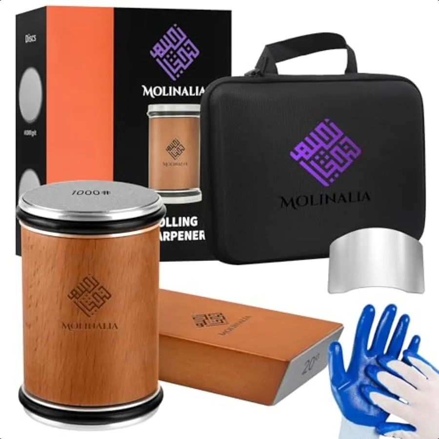 

Rolling Knife Sharpener Multi Angle Tool w Diamond Ceramic Discs 1000 3000 tumbler knife sharpener having Finger Guard Gloves T