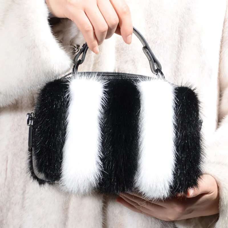 Winter New Fashion Double Layer Zipper Commuter Bag Korean Edition Women's Small Square Bag Real Mink Handbag