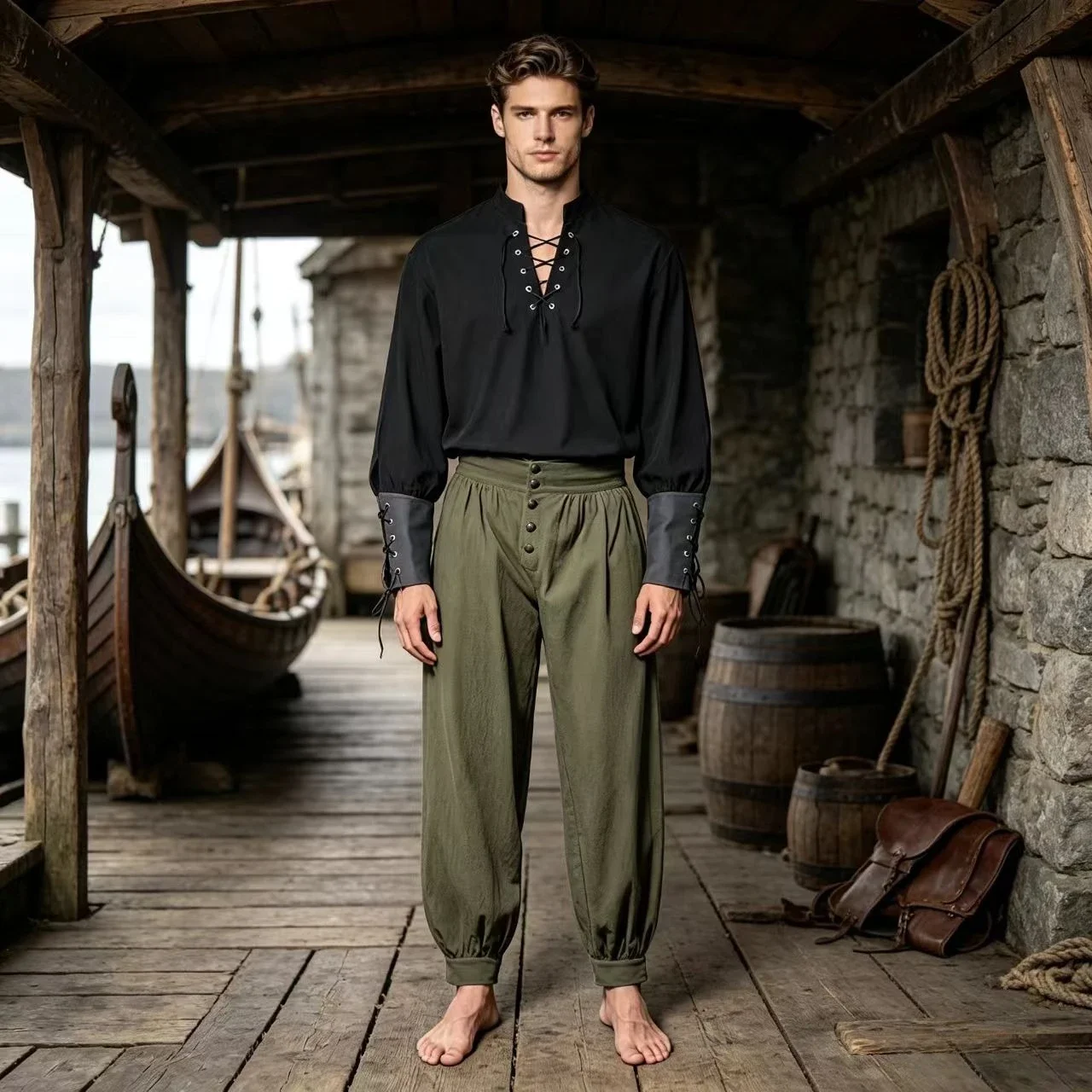 2Pcs Men Medieval Renaissance Viking Pirate Cosplay Set Lace Up Stand Collar Shirt & Button Long Pants for Halloween LARP