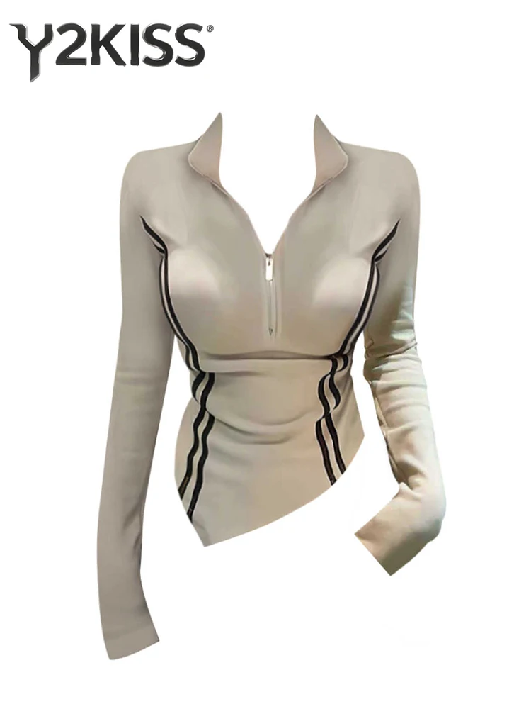 Spring Women American Retro Crop Top 2000s Designer T-Shirt Cleanfit Old Money Long Sleeve Tees Stretch Y2k Kpop Harajuku New In