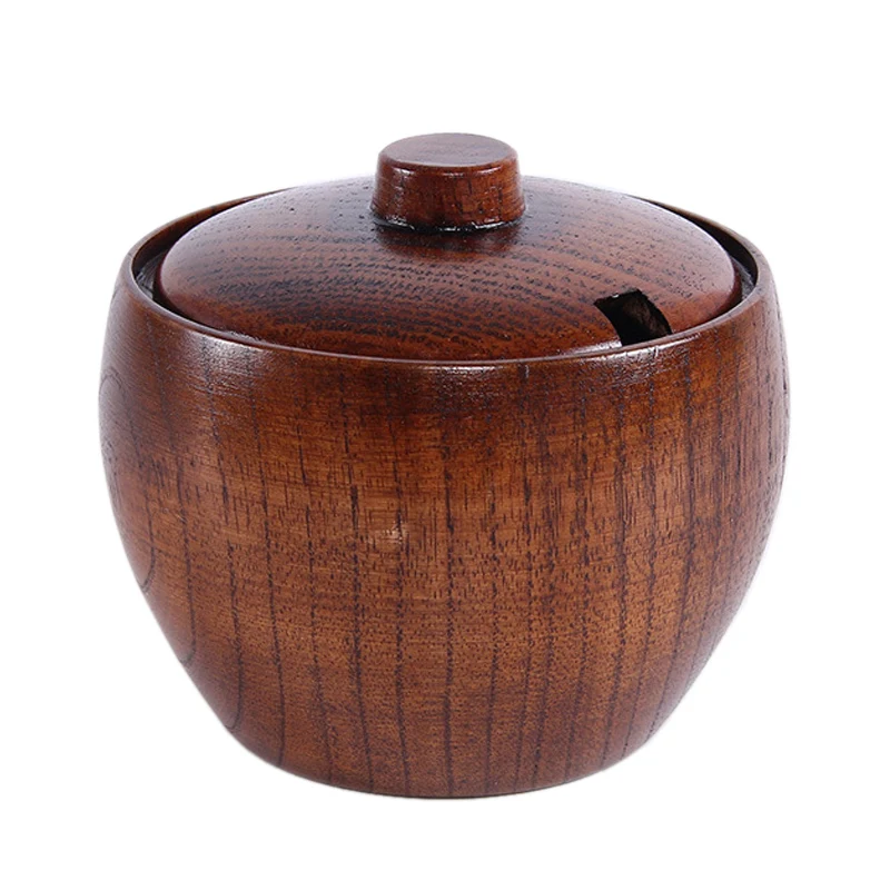 Solid Wood Spice Jar Sugar Bowl Salt Pepper Seasoning Box Japanese Style with and Lid Kitchen Tool