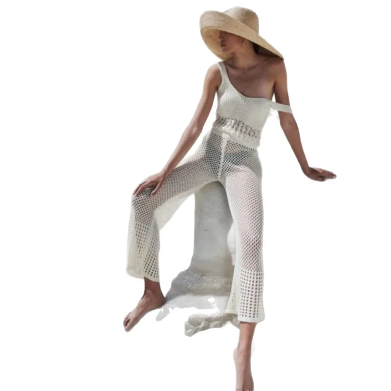 新入荷：官能的なレースアップシアーオーバーサイズノースリーブビーチシャツとカジュアルリゾートパンツ - 日焼け防止セット