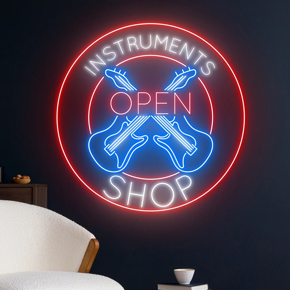 Instrument Shop Guitar Led Sign Open Shop Electric Guitar Neon Sign Custom Rock And Roll Live Music Studio Room Decor Neon Light