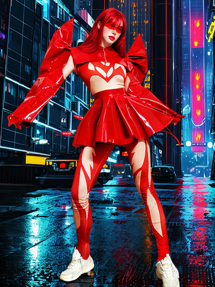 Women's Show Stage Costume Red Performance Bodysuit Nightclub Party Rave Clothing Carnival Drag Clothes Gogo Dancer Outfits 5101
