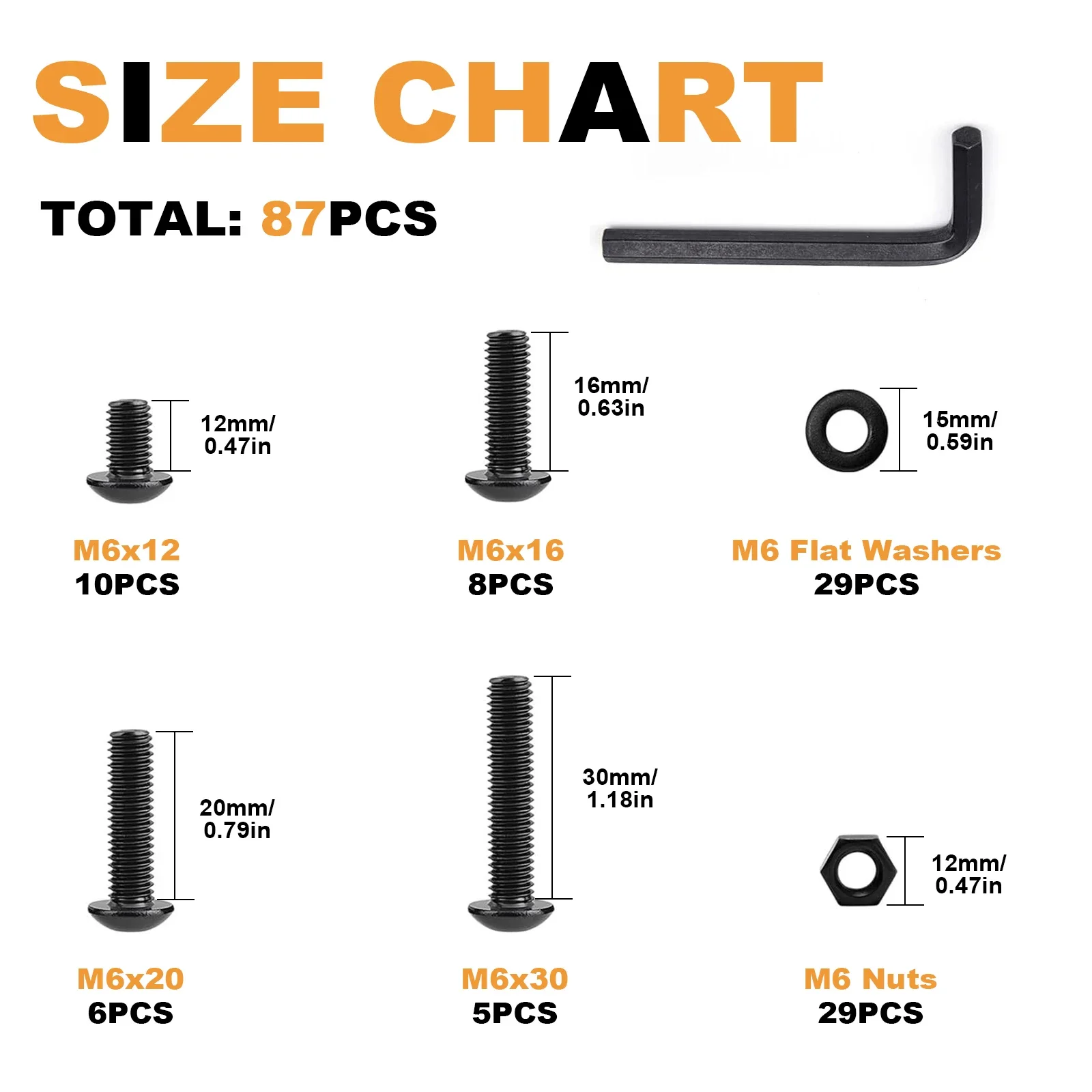 87Pcs Black Round Head Hex Head Screws, M6 Hex Head Screws And Nuts, Washer Sorting Kit, Allen Socket With Wrench.