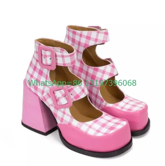 Lady Vintage Pink Plaid Cut-Out Mary Janes Shoes Chunky Heel Buckle Strap Daily Causal Dress Elegant Pumps Mary Janes Size 35-46