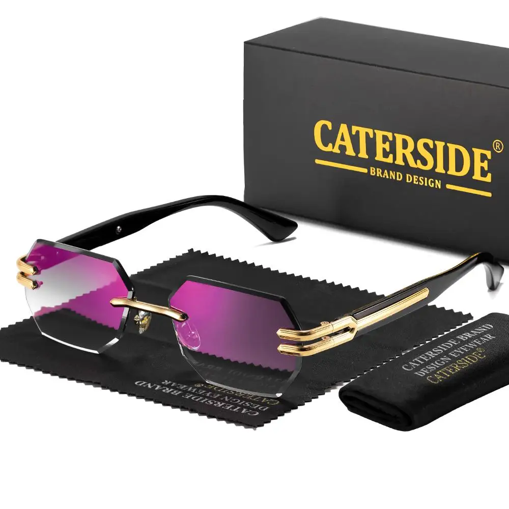 CATERSIDE Neue rahmenlose Sonnenbrille für Herren, modische polygonale Spiegellinsen mit Farbverlauf, Metallrahmen, Damen-Party-Sonnenbrille für den Außenbereich – Detail 11
