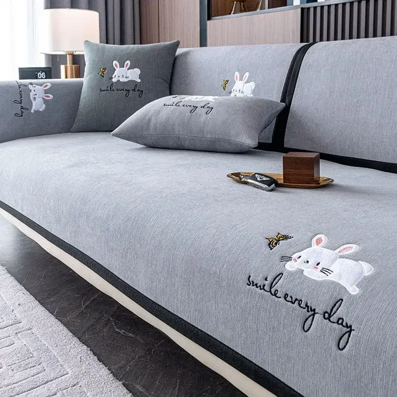 Embroidered Rabbits Sofa Cover Black Edge Comfortable Universal Chenille Sofa Cushion Living Room Solid Color Non Slip Cloth