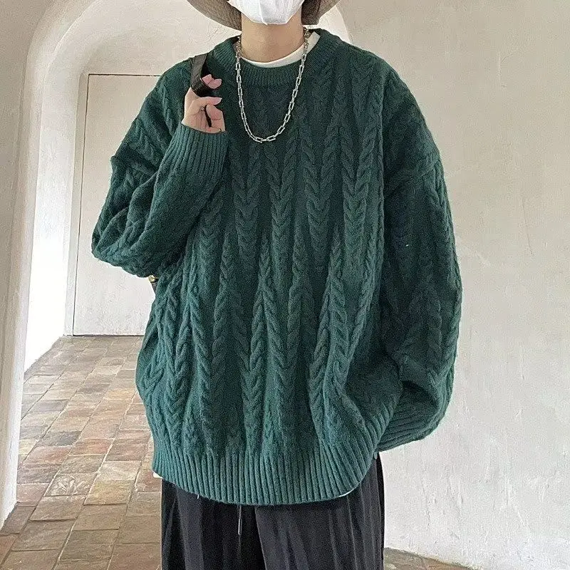 Korean Design Lazy Style Hong Kong Style round Neck Knitted Jacket Men Simple Knitted Sweater Thickened Inner Wear Versatile