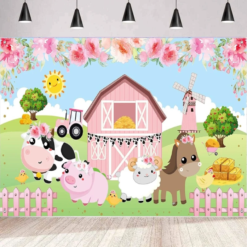 

Photography Backdrop Pink Flowers Floral Barn Banner Grass Children Birthday Party Farm Animals Scenic Background Wall Poster