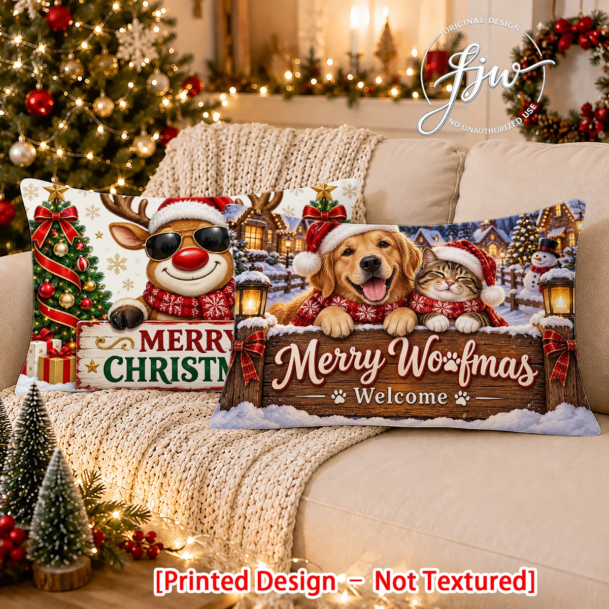 2pc Set of 2 Christmas Cute Pet Themed Throw Pillow Covers, Festive Winter Holiday Decorative Cushion Cases for Home Sofa Couch
