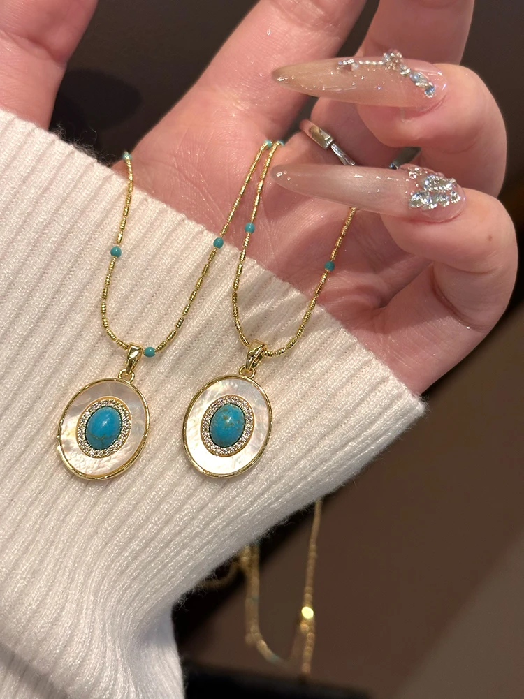 Natürliche Türkis Oval Shell Anhänger Gold Farbe Kette Halskette Sexy Schlüsselbein Kette Trendy Schmuck Zubehör Für Frauen 2023 – Detail 17