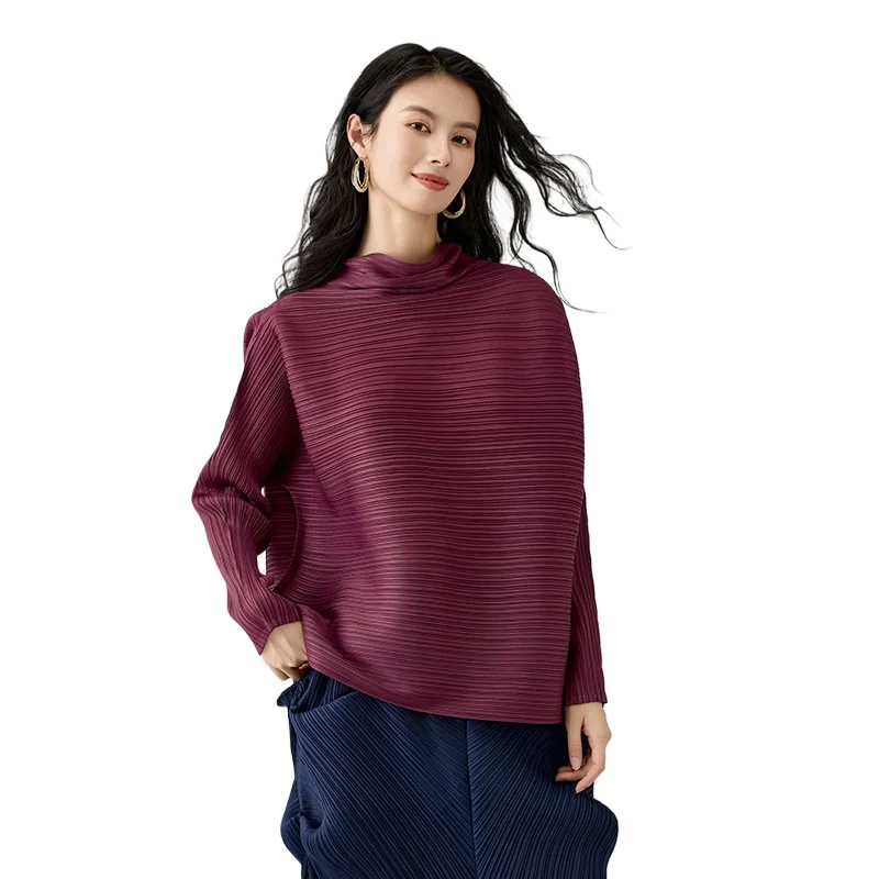 

Miyake плиссированный повседневный топ с длинными рукавами, весна-лето 2024, новый модный свободный однотонный топ с шарфом и воротником большого размера