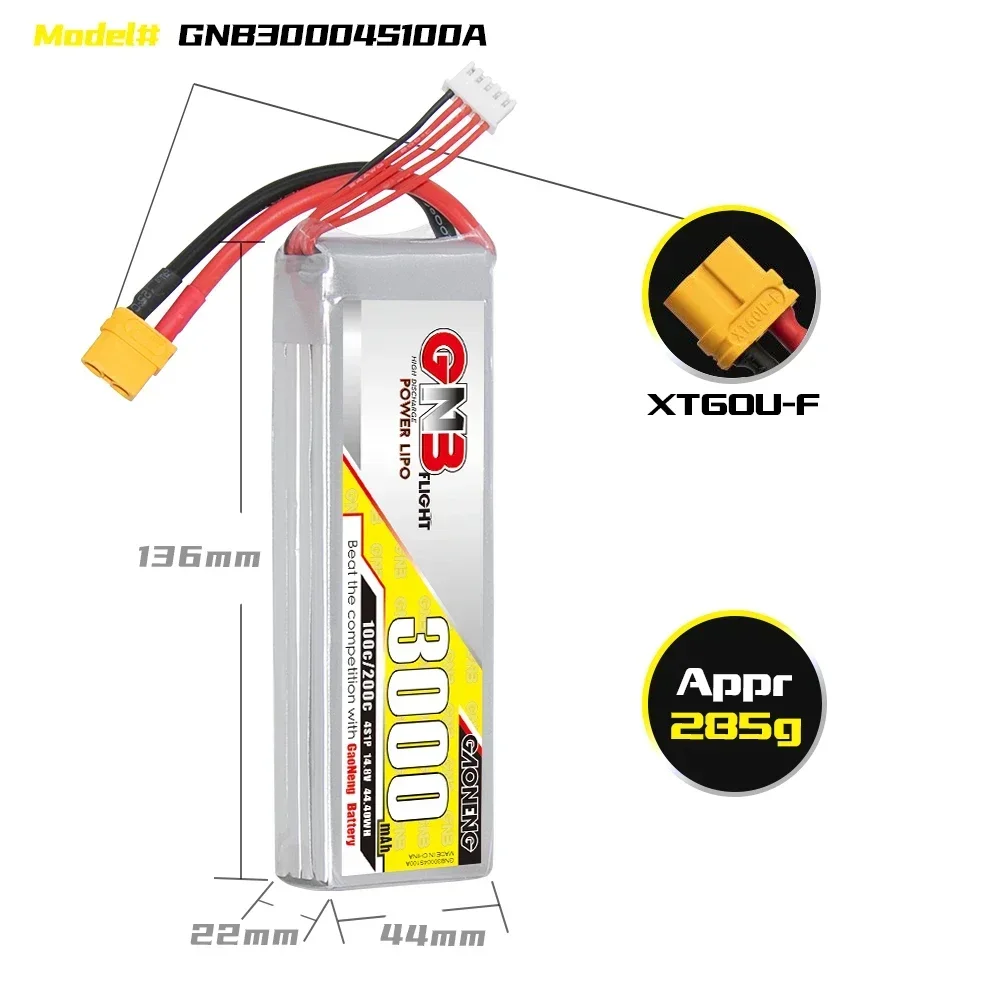 GAONENG GNB 3000mAh 4S 100C 200C 14.8V XT60 LiPo Battery 1/10 Scale RC Hobby Models 300mm To 360mm 7 Inches FPV Drone RC Boat