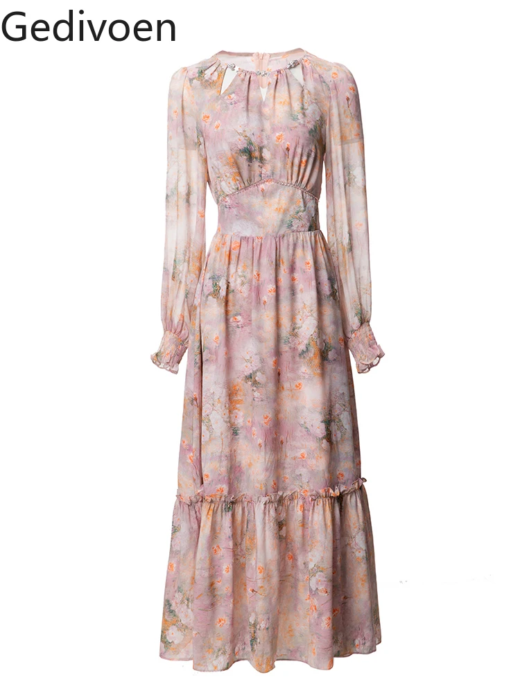 

Gedivoen 2024 Spring Summer High Quality Dress Women Long Sleeves O Neck Flowers Print High Waist Beading Ruched Midi Dress