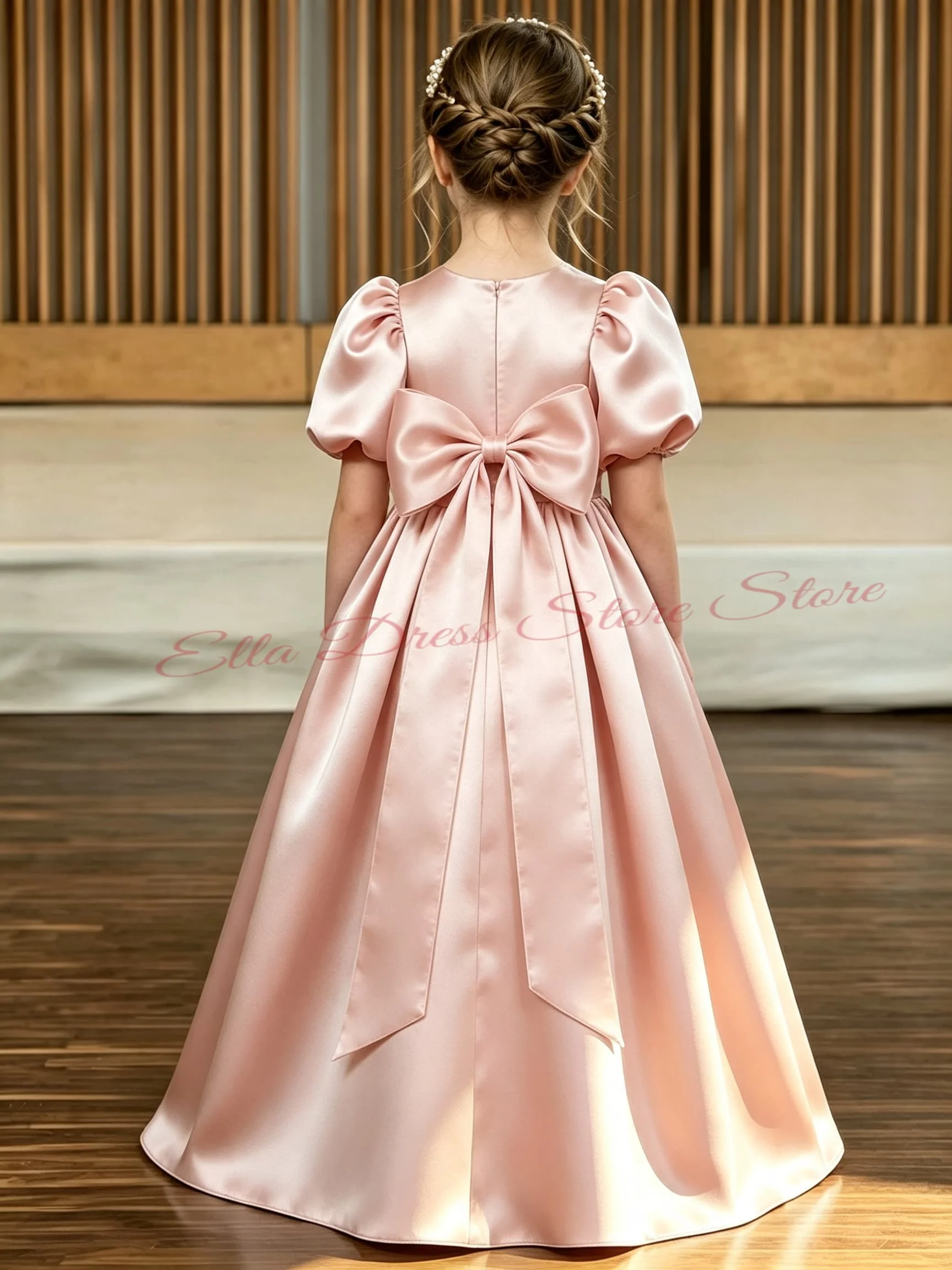 Hochwertiges, hübsches rosa Mädchenkleid, Blumenmädchenkleid aus hochwertigem Satin, flauschige große Schleife für kleine Mädchen, Hochzeit, Geburtstag, individuell anpassbar. – Detail 3
