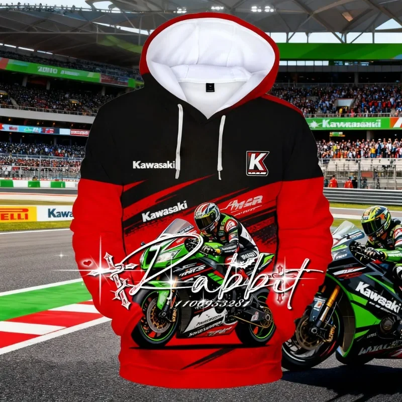 2025 nouveau automne/hiver Kawasaki Racing Team moto course mode rétro sweat à capuche chaud hommes décontracté sweat à capuche ample
