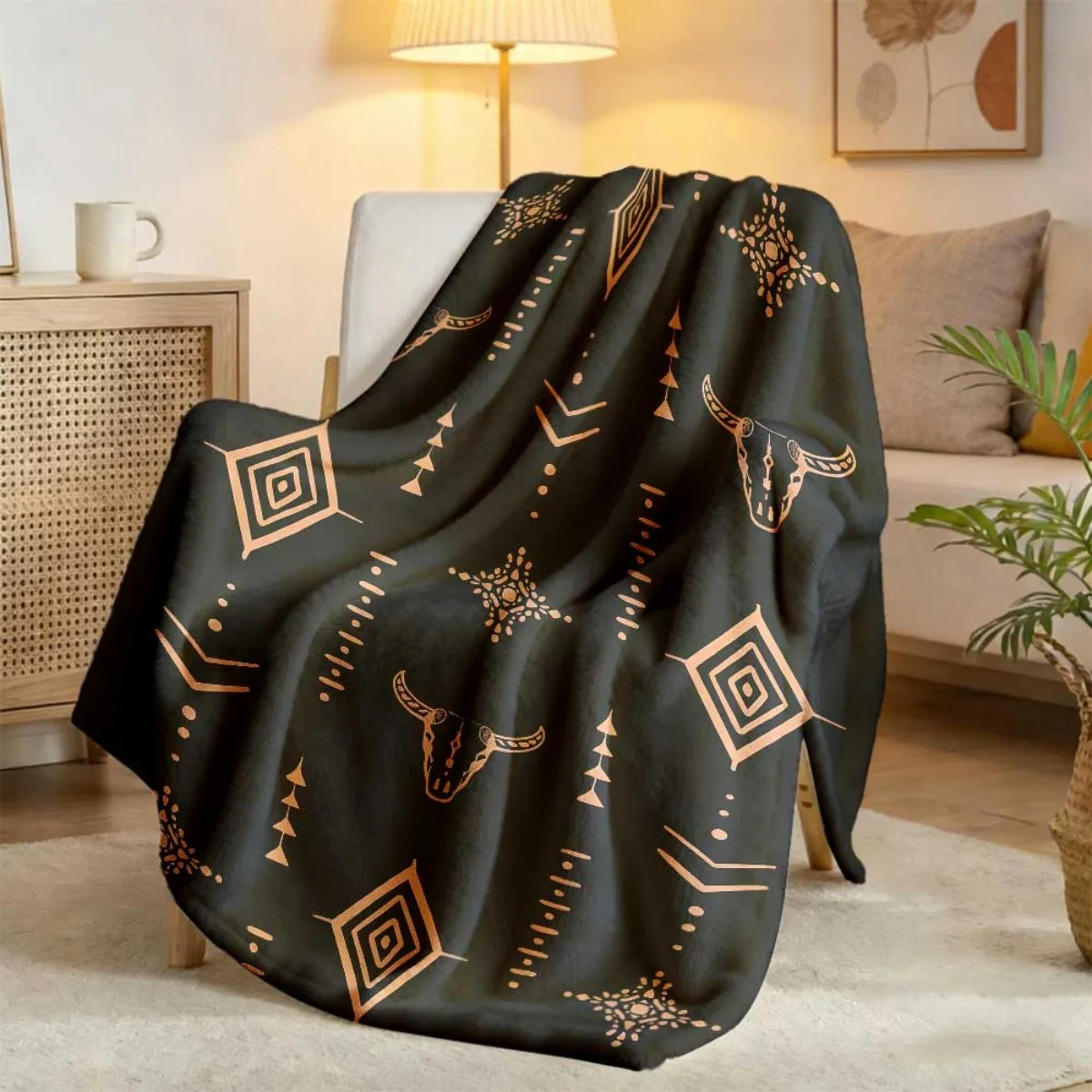 Boho Southwest Bull Skull Diamond Tribal Fleece Blanket, Dark Base Copper Ethnic Line Pattern Cozy Throw for Camping Living Room