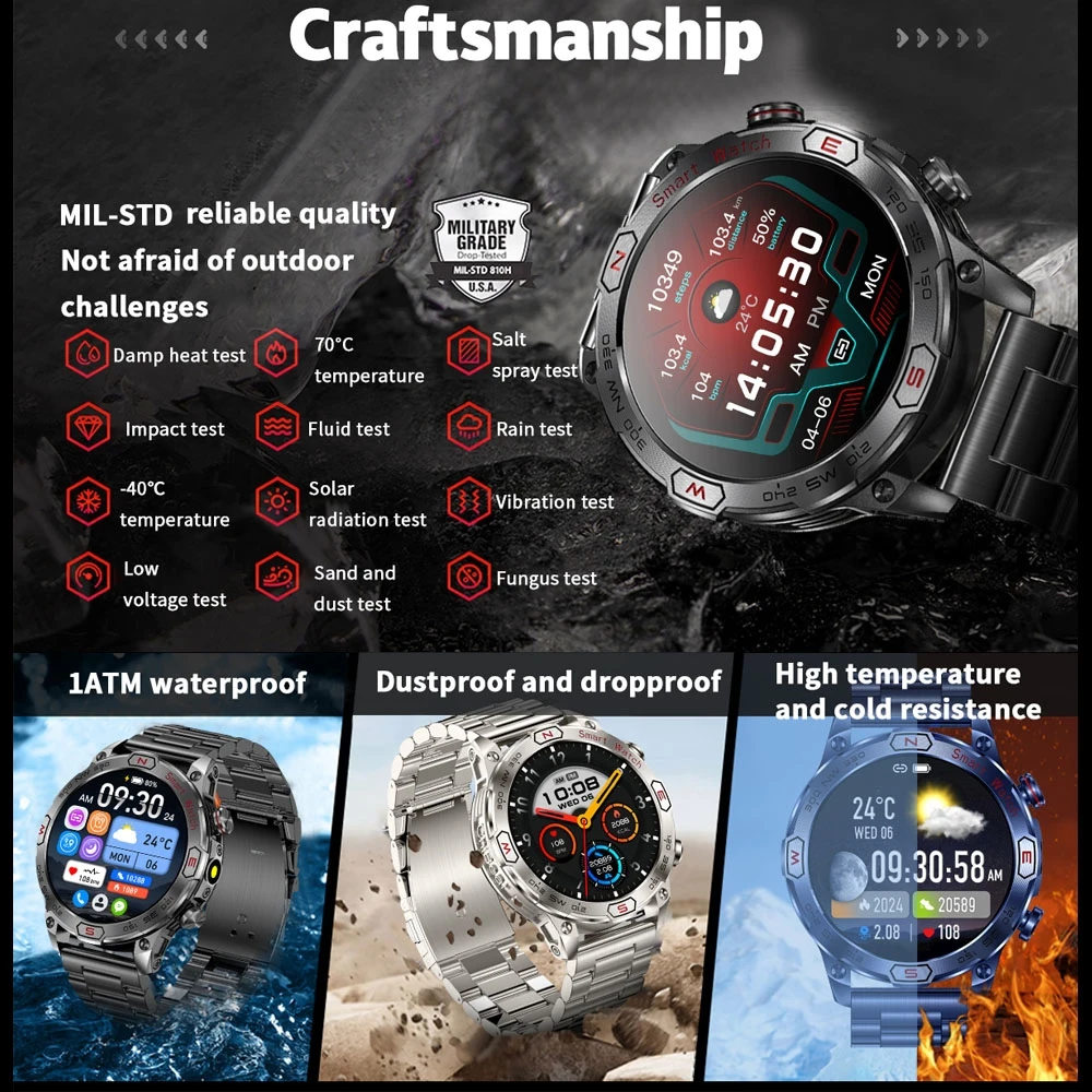 1 atm wasserdichte Smart Sport uhr Männer mit 450mAh Batterie Gesundheits überwachung Bluetooth Anruf Outdoor Kompass Militär Smartwatch