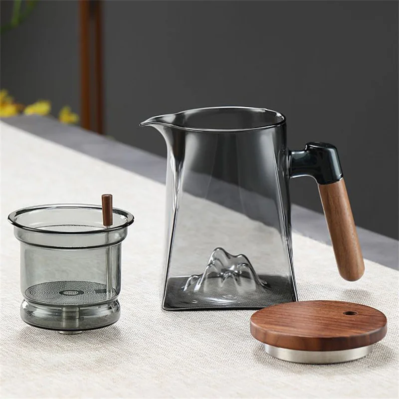 One Click Tea Separation Filtration Bottom Mountain View Glass Teapot With Wood Handle 700ml Kungfu Tea Water Separation Tea Pot