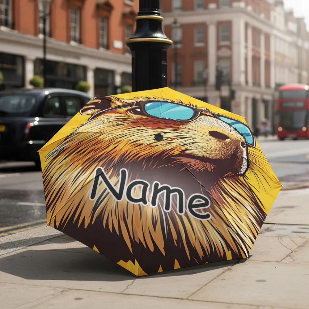Custom Name umbrella, Cool Capybara with Sunglasses Fashion Folding Umbrella for Sunny and Rainy Days, Christmas Gift