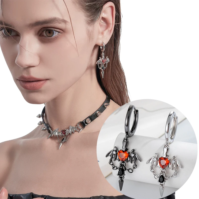 Goth Vintage Dark Bat Tassel Love Earrings for Women Men Chain Rivet Punk Unisex Earrings Halloween Ornaments Festival Gift