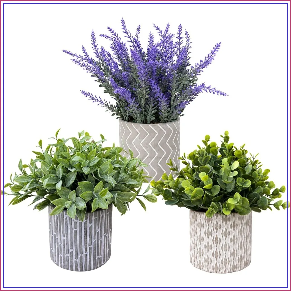 

Set of 3 Artificial Potted Plants - Faux Eucalyptus, Lavender & Tea Tree in Cement Pots, Small Fake Plants for Shelf Decor