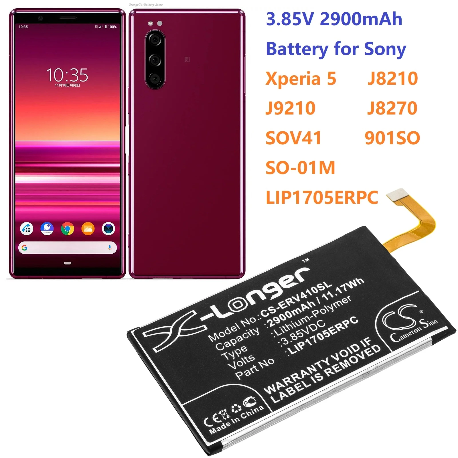 

3.85V 2900mAh CS-ERV410SL Battery LIP1705ERPC for Sony Xperia 5,J9210,SOV41,901SO,SO-01M,J8210,J8270 +TOOLS KIT