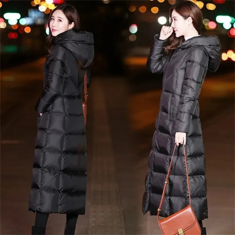 Long Down Cotton Coats Womens Black Parkas 2023 New Winter Warm Jacket Female Hooded Cotton-padded Coat Thicken Warm Puffer Coat