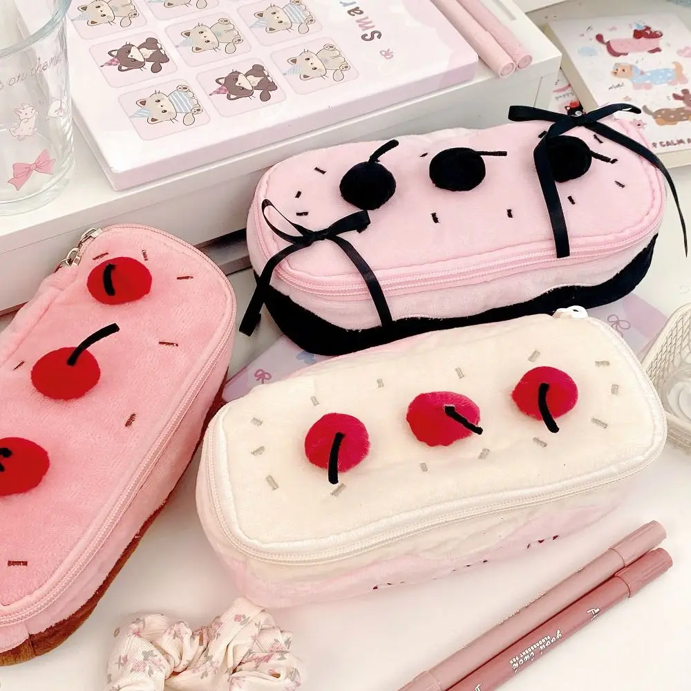 Durable Pencil Case Cherry Cake Design Soft Touch Pen Bag Large Capacity Stationery Bag School Office