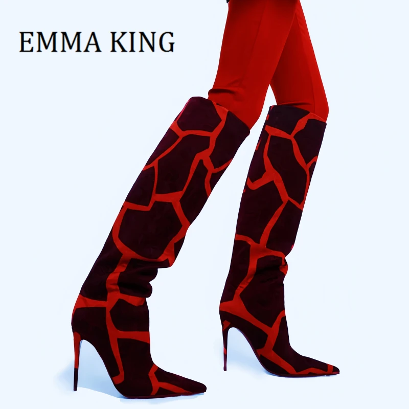 Women's Giraffe Print Knee High Boots Sexy Pointy Toe High Heels Knight Boots Party Dress Thin Heels Fashion Boots Pull-on Shoes