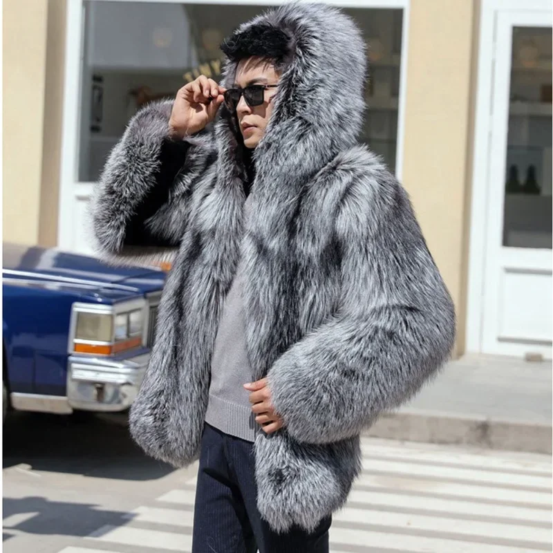 DIANTE PREMIUM ECO FUR JACKET グレー系 FREE Luxury Brand Men Winter Warm Hooded Faux Fox Fur Coat Men's Mink