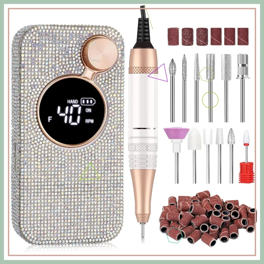 Elektrische Nagelfräse, 40000 U/min, kabellos, wiederaufladbar, mit 12 Aufsätzen für Acrylnägel, Gel-Polieren, Maniküre-Set für Salon und Zuhause